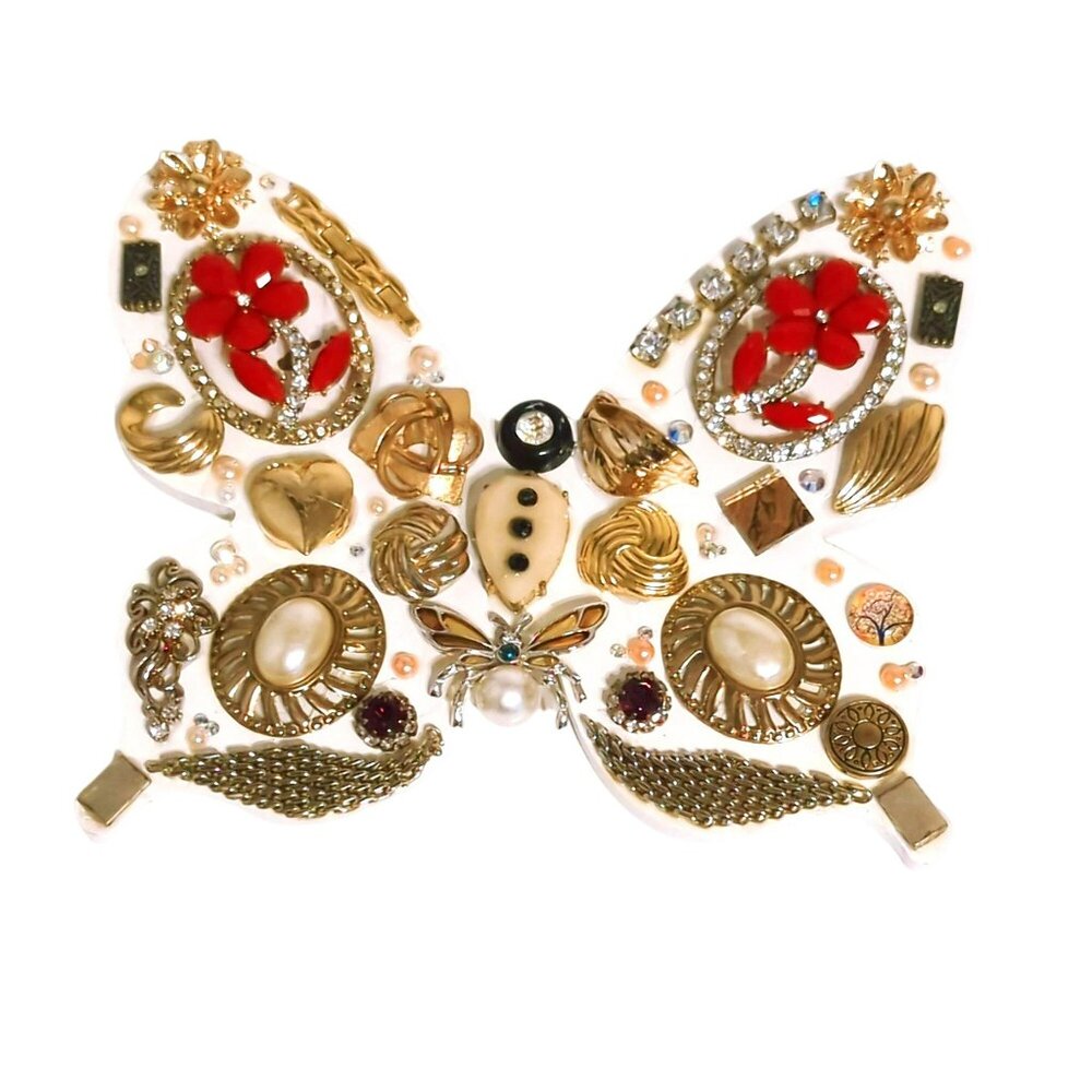 Handcrafted Butterfly Jewelry Wall Art Decor With Vintage Accents Repurposed